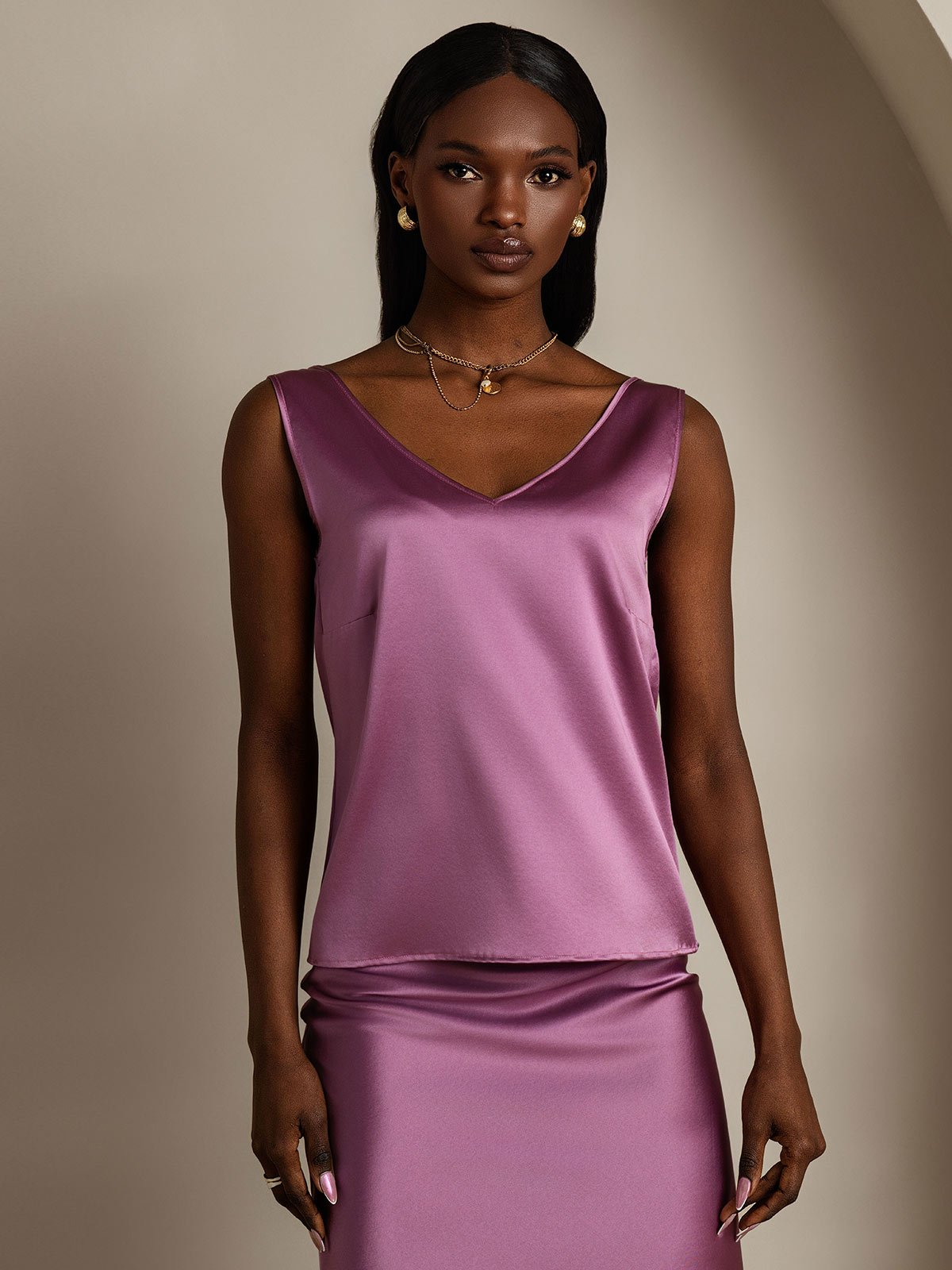 [Deep Purple] SilkSilky-CA 19Momme Silk V Neck Camisole 001