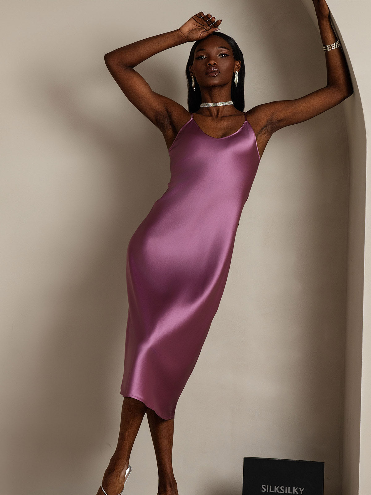 [Deep Purple] SilkSilky-CA Pure Silk Sleeveless Round Neck Nightgown 001