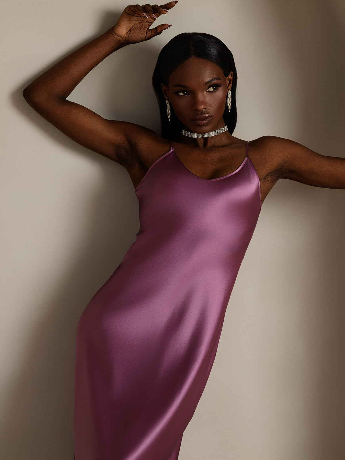 [Deep Purple] SilkSilky-CA Pure Silk Sleeveless Round Neck Nightgown 003