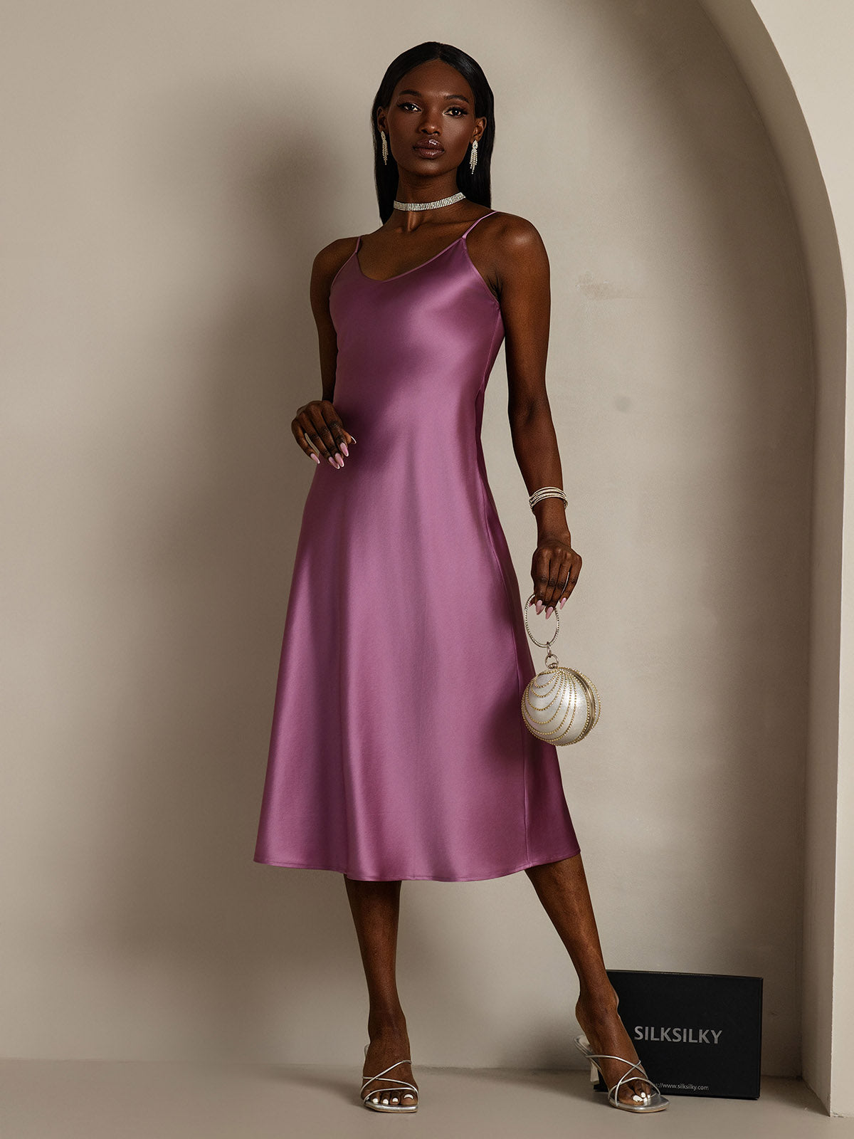 [Deep Purple] SilkSilky-CA Pure Silk Sleeveless Round Neck Nightgown 005