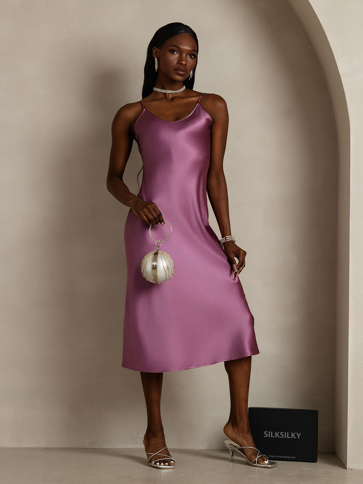 [Deep Purple] SilkSilky-CA Pure Silk Sleeveless Round Neck Nightgown 006
