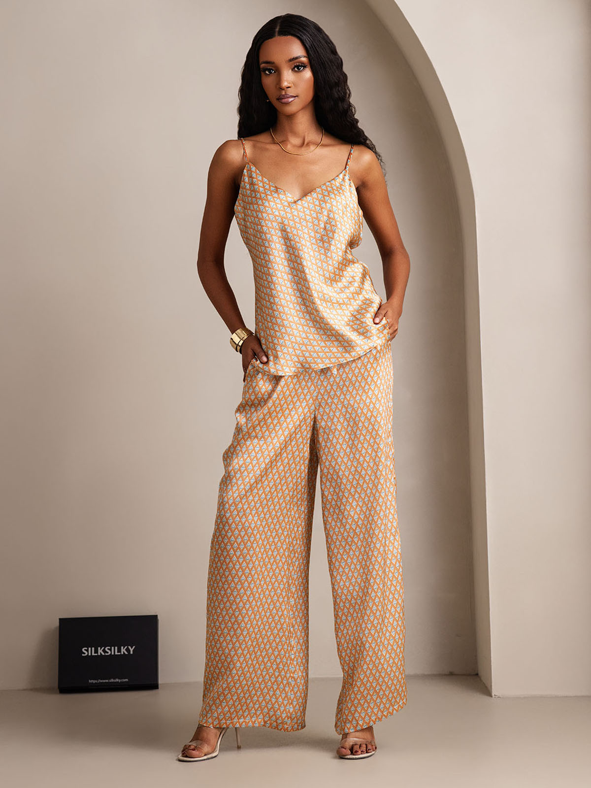 [Floral] SilkSilky-CA Pure Silk V Neck Camisole Set 001