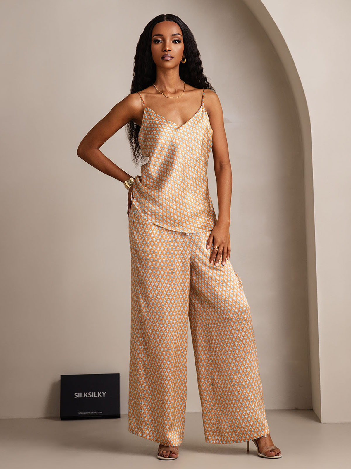 [Floral] SilkSilky-CA Pure Silk V Neck Camisole Set 005