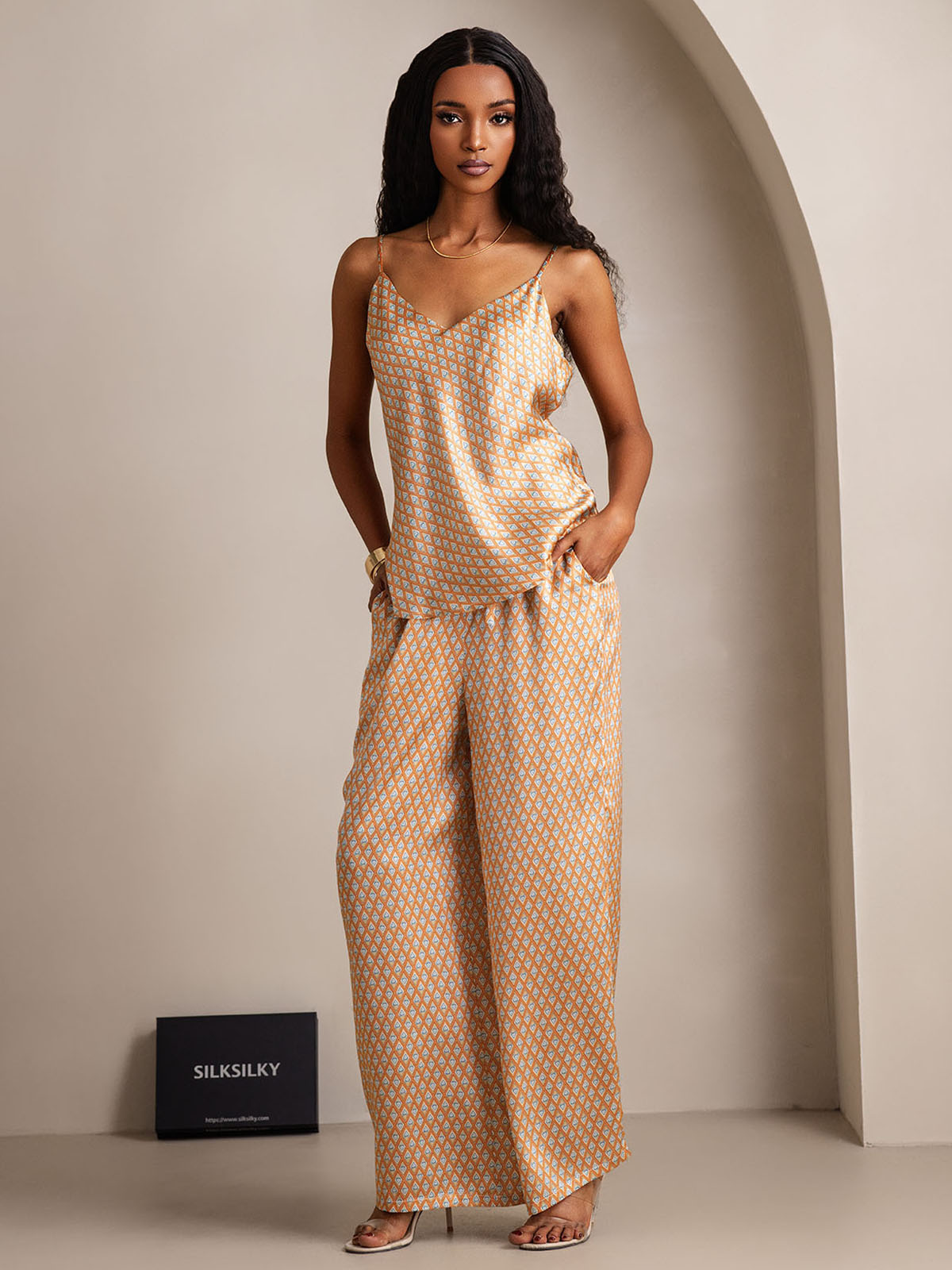 [Floral] SilkSilky-CA Pure Silk V Neck Camisole Set 006