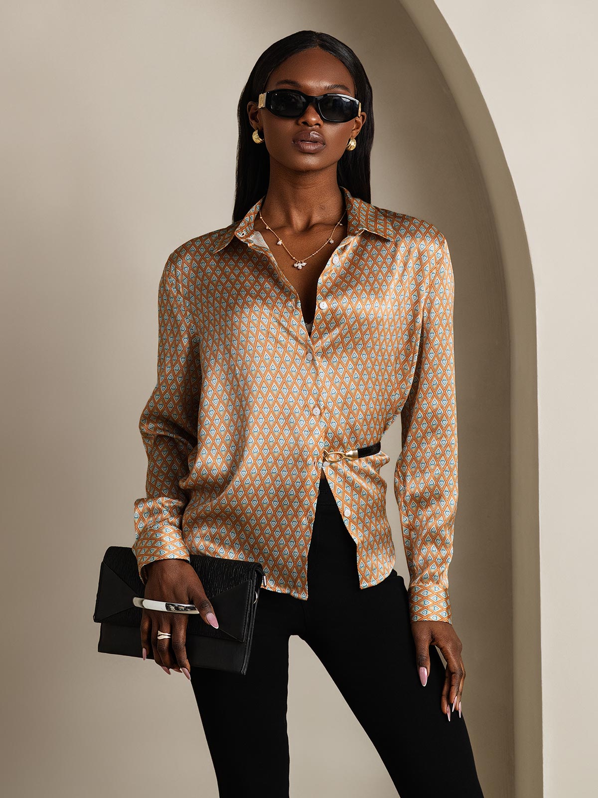 [Floral] SilkSilky-CA Silk Long Sleeve Collar Women's Shirt 001