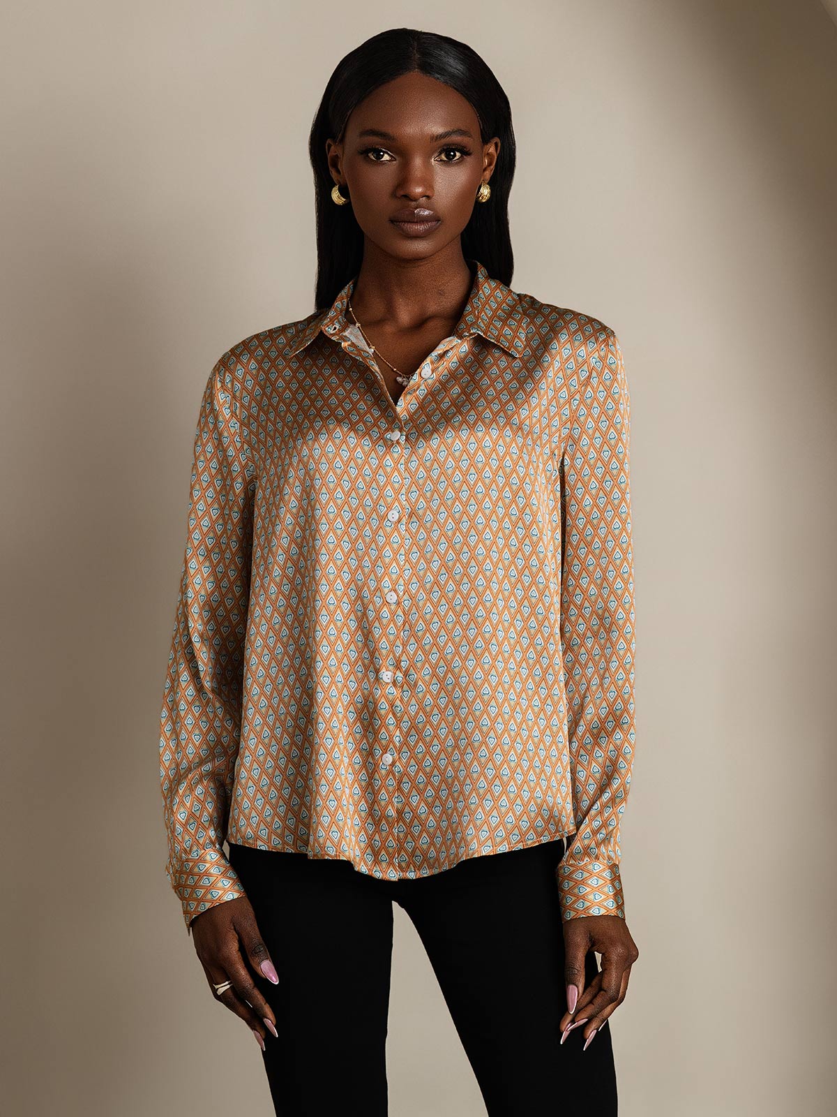 [Floral] SilkSilky-CA Silk Long Sleeve Collar Women's Shirt 004