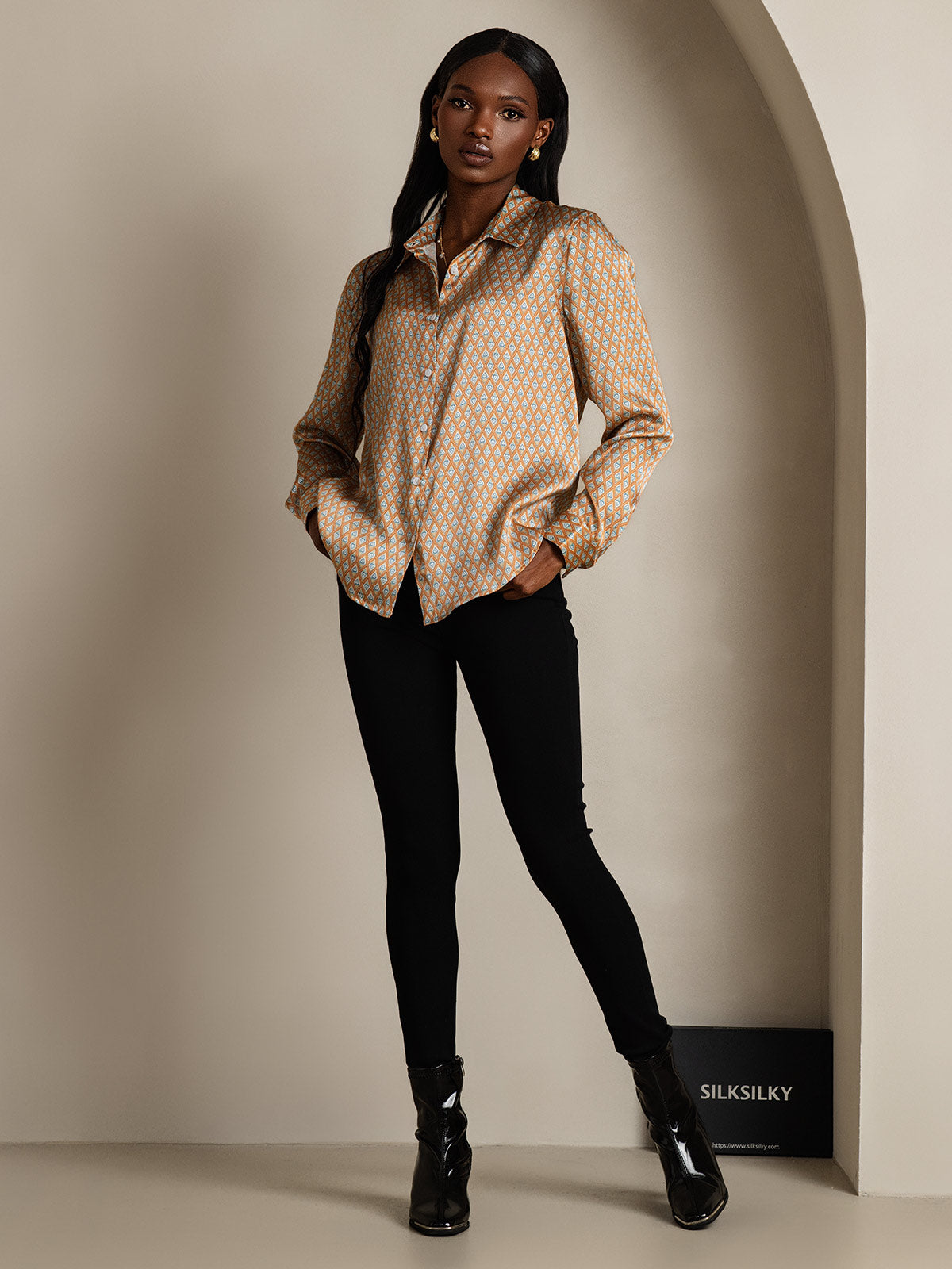 [Floral] SilkSilky-CA Silk Long Sleeve Collar Women's Shirt 007