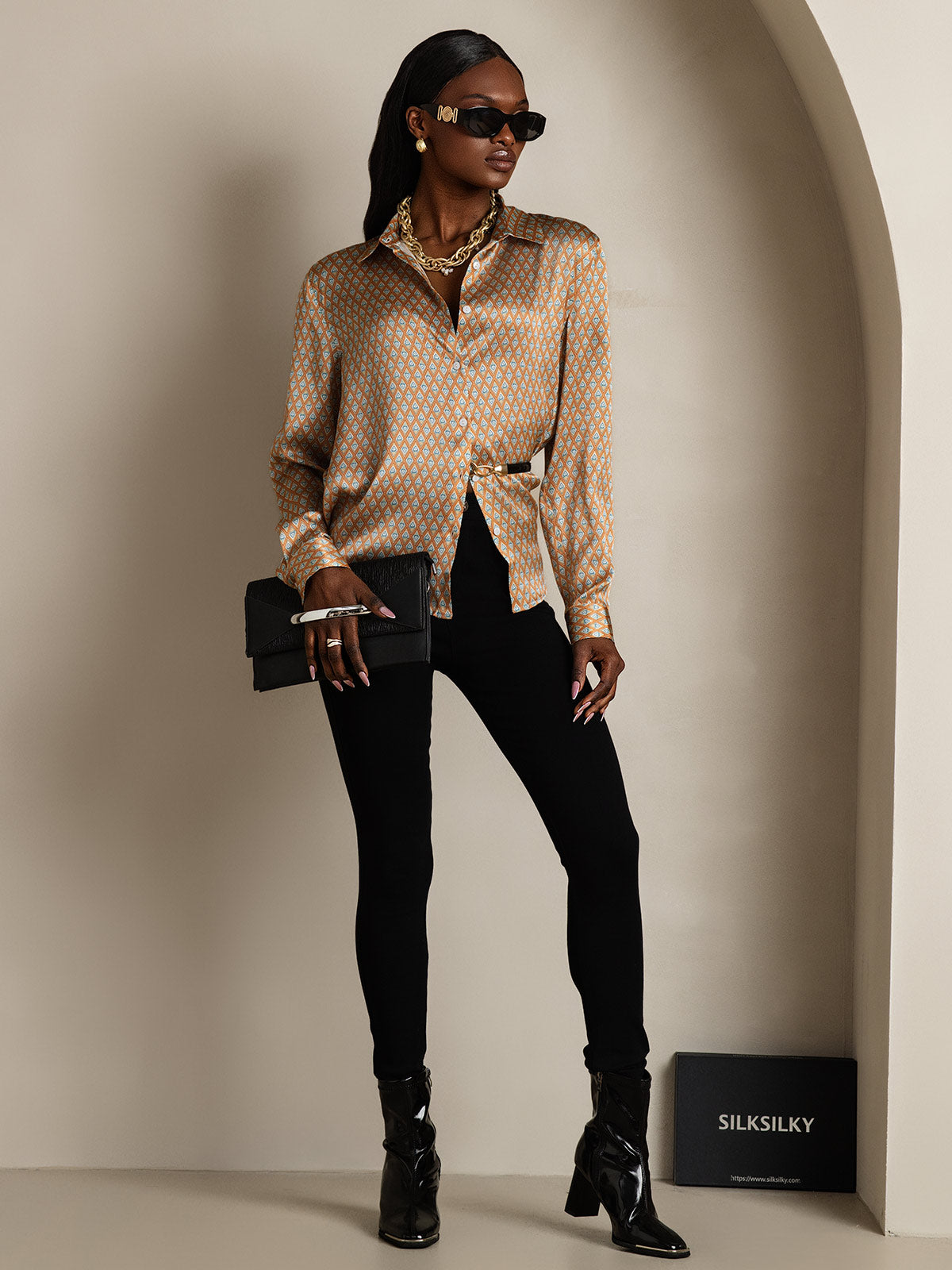 [Floral] SilkSilky-CA Silk Long Sleeve Collar Women's Shirt 008