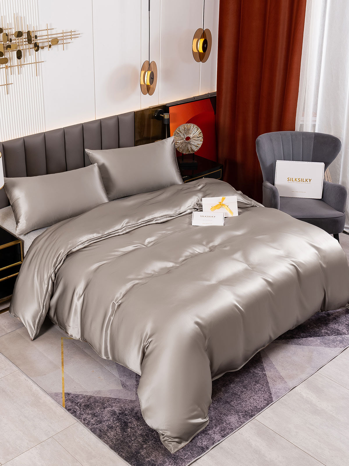 [Gray] SilkSilky-CA 19Momme Pure Silk Bedding Set 001