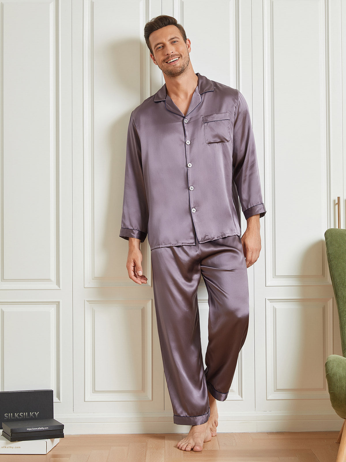 [Gray] SilkSilky-CA 19Momme Pure Silk Long Sleeve Lapel Men's Pajamas 001
