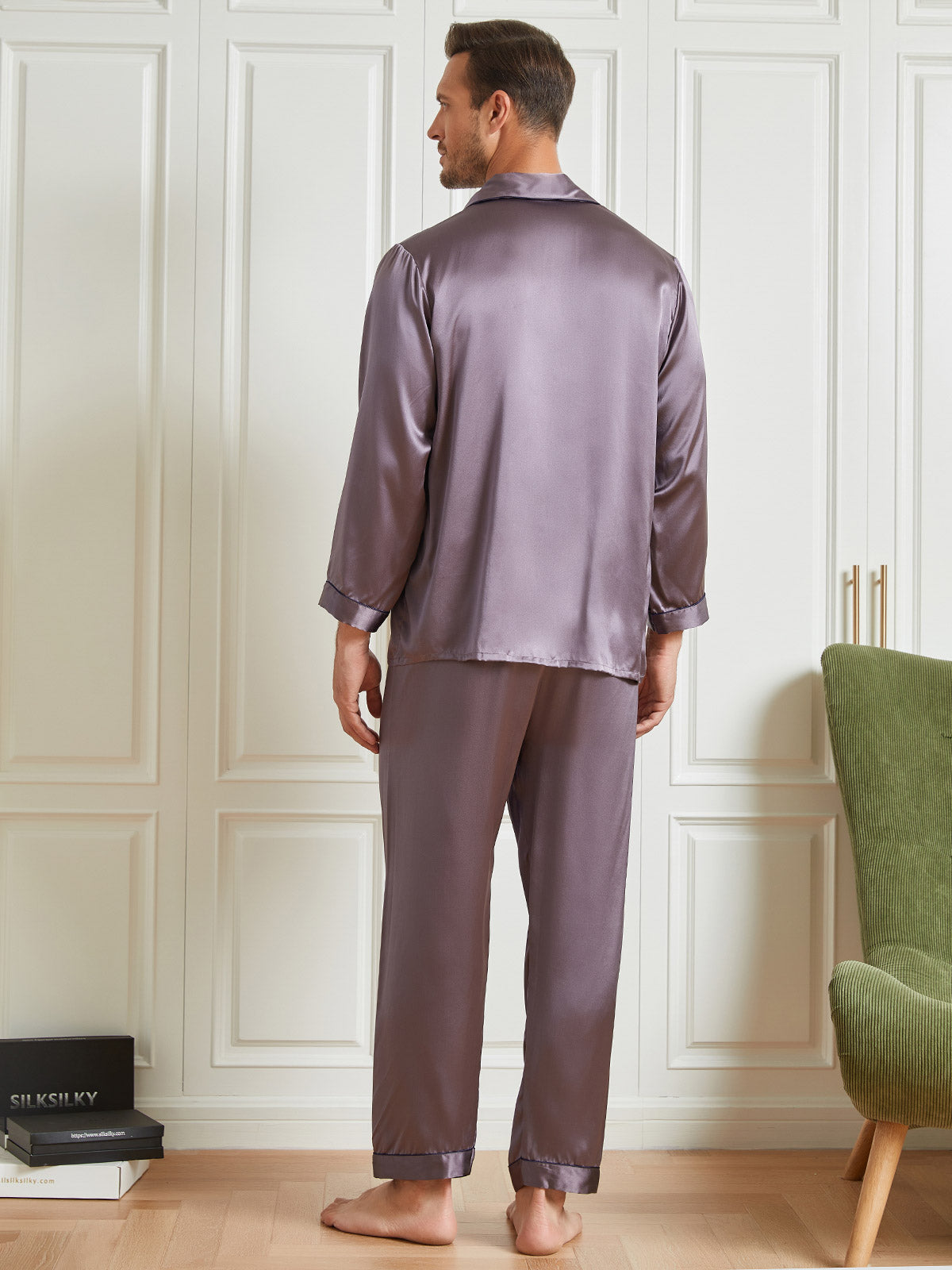 [Gray] SilkSilky-CA 19Momme Pure Silk Long Sleeve Lapel Men's Pajamas 002