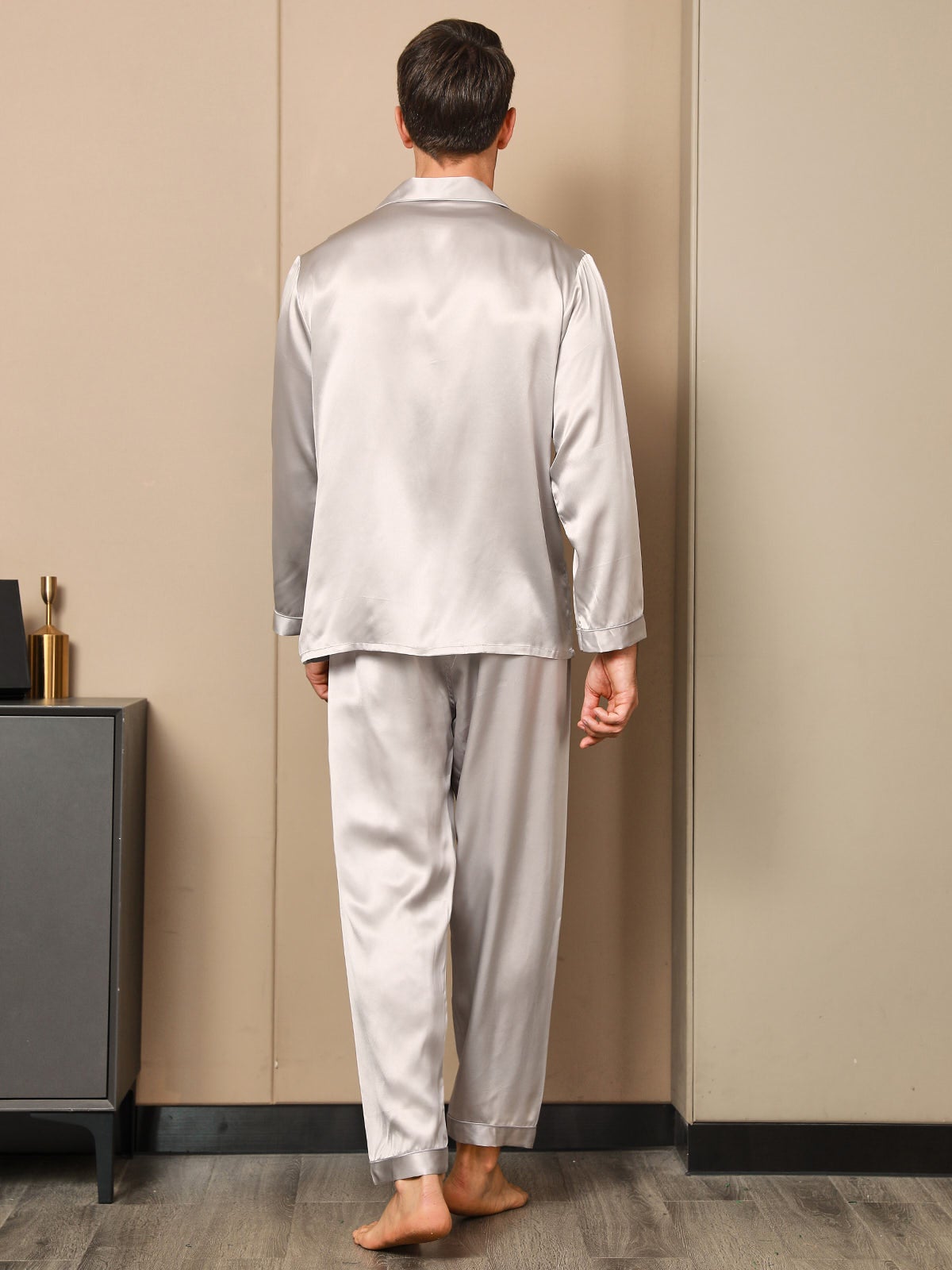 [Gray] SilkSilky-CA 19Momme Pure Silk Long Sleeve Lapel Men's Pajamas 006