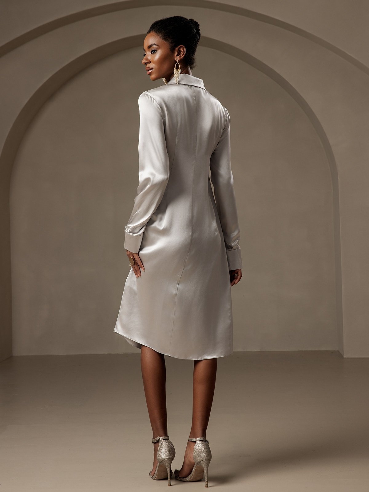 [Gray] SilkSilky-CA 19Momme Silk Long Sleeve V Neck Dress 002