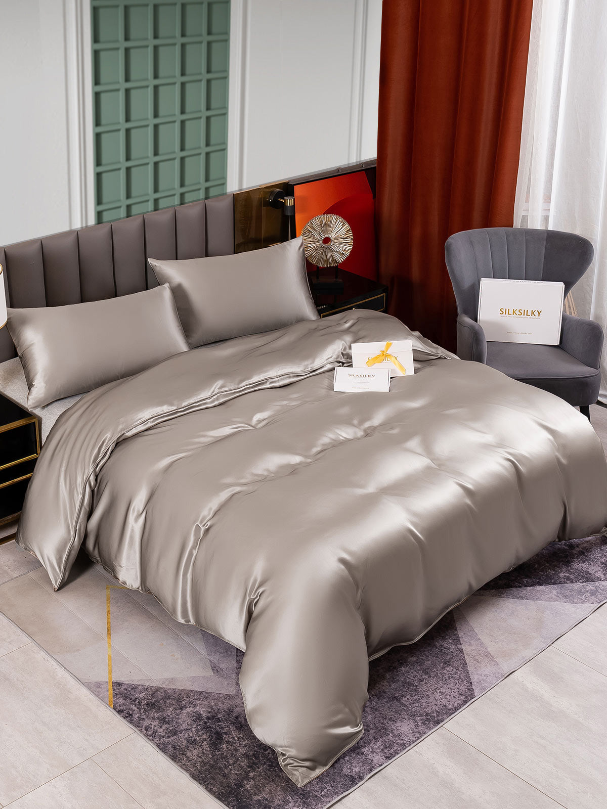 [Gray] SilkSilky-CA 25Momme Pure Silk Bedding Set 001