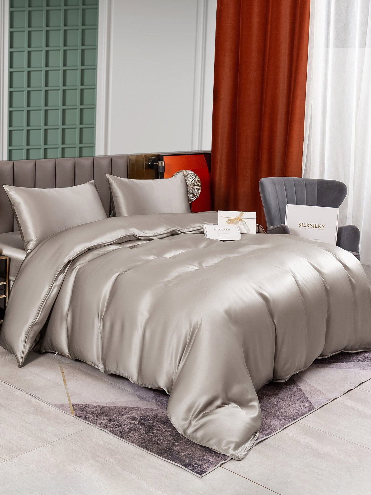 [Gray] SilkSilky-CA 25Momme Pure Silk Bedding Set 005