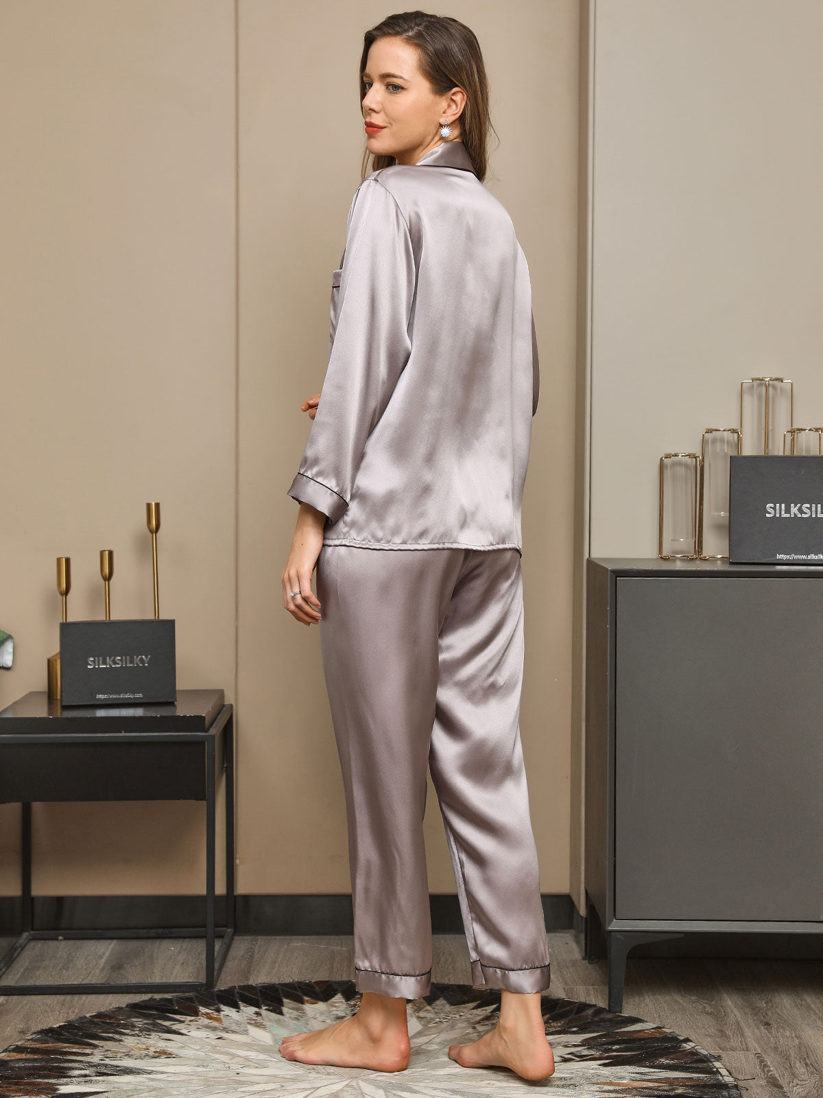 [Gray] SilkSilky-CA Long Sleeve Lapel Women's Pajamas 002