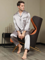 [Gray] SilkSilky-CA Pure Silk Long Sleeve Lapel Men's Pajamas 001