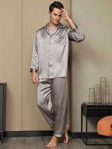 [Gray] SilkSilky-CA Pure Silk Long Sleeve Lapel Men's Pajamas 002