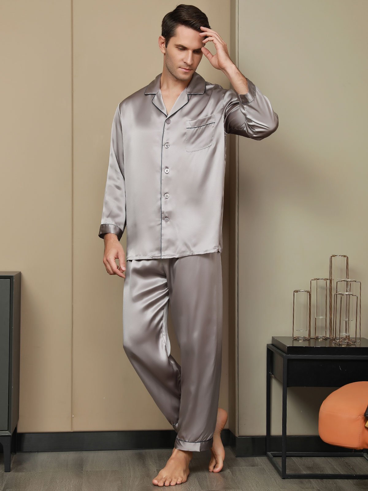 [Gray] SilkSilky-CA Pure Silk Long Sleeve Lapel Men's Pajamas 002