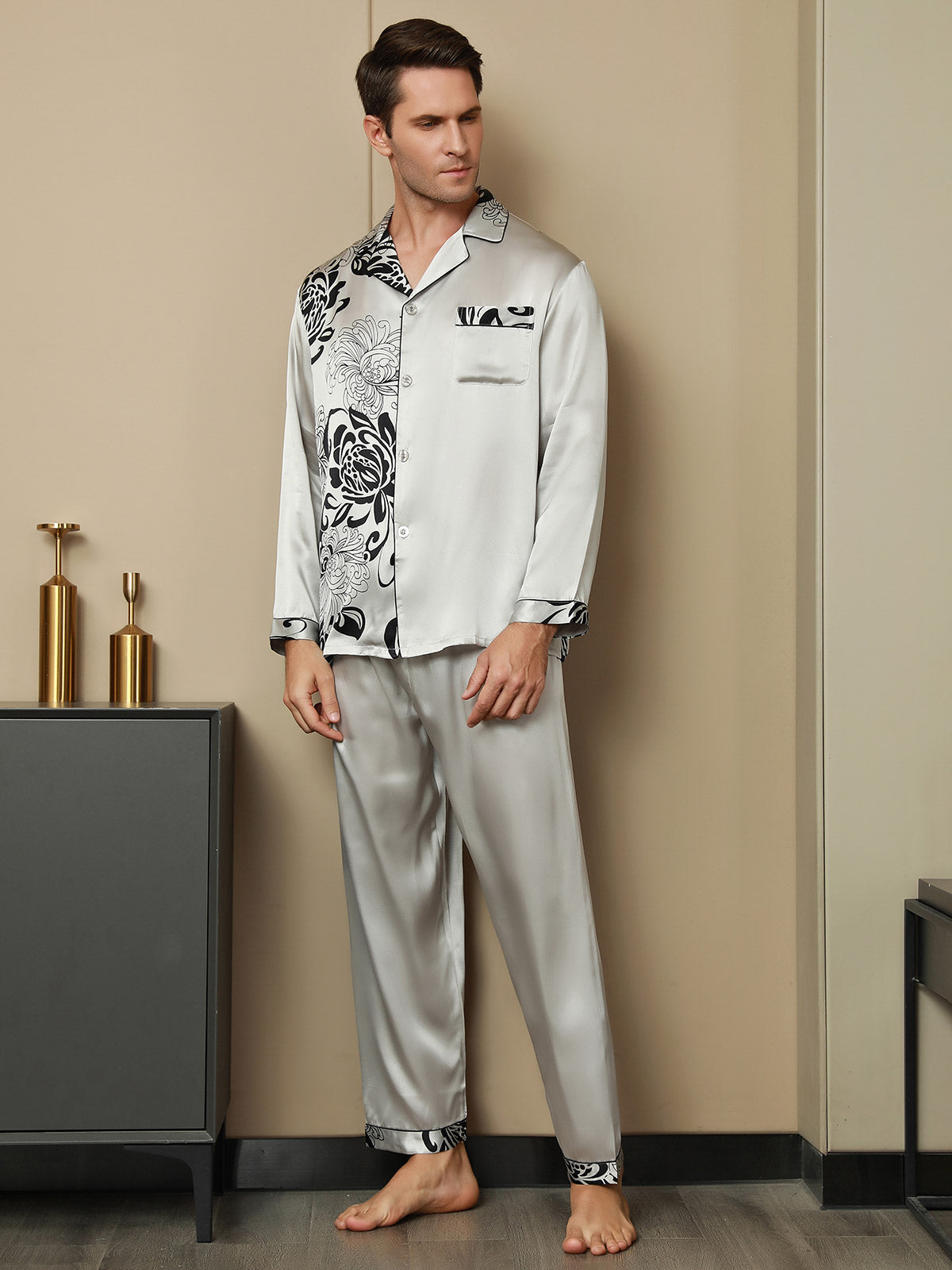 [Gray] SilkSilky-CA Pure Silk Mens Pajamas 003,