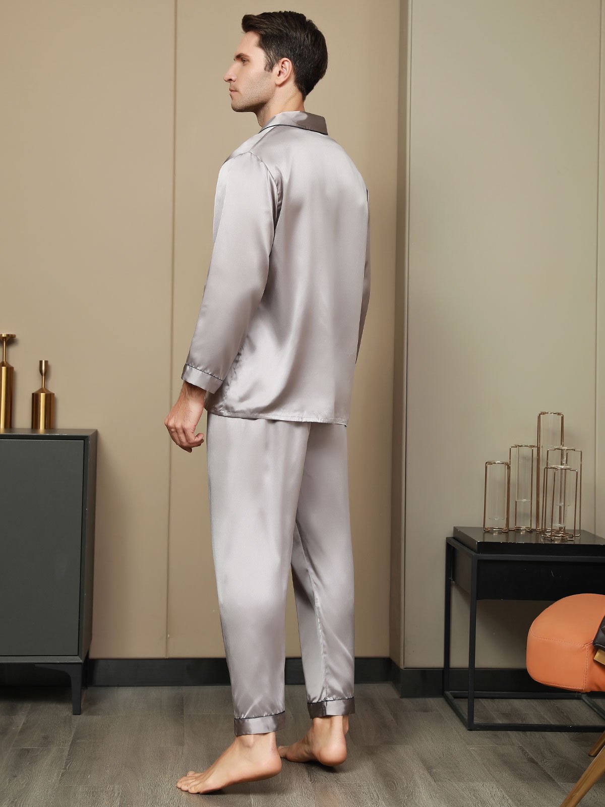[Gray] SilkSilky-CA Pure Silk Long Sleeve Lapel Men's Pajamas 003