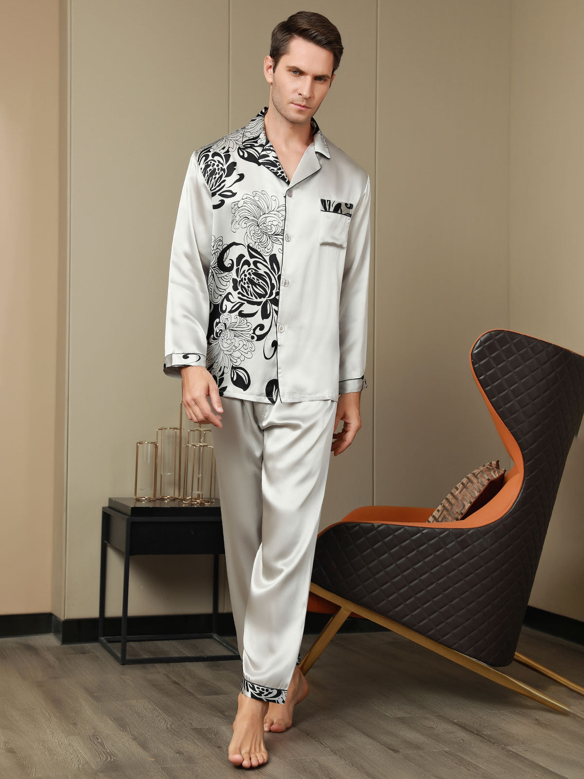 [Gray] SilkSilky-CA Pure Silk Mens Pajamas 004,
