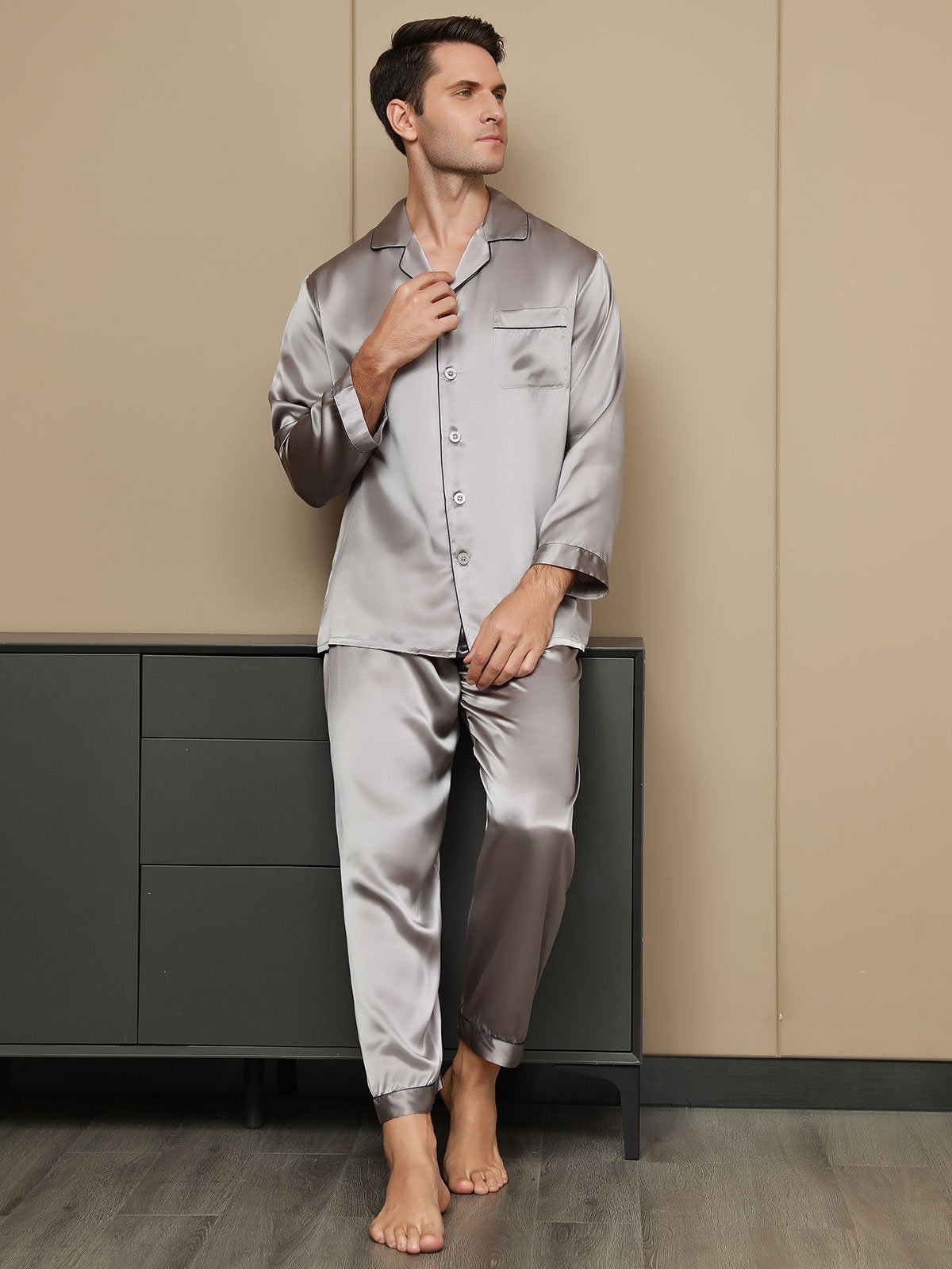 [Gray] SilkSilky-CA Pure Silk Long Sleeve Lapel Men's Pajamas 004