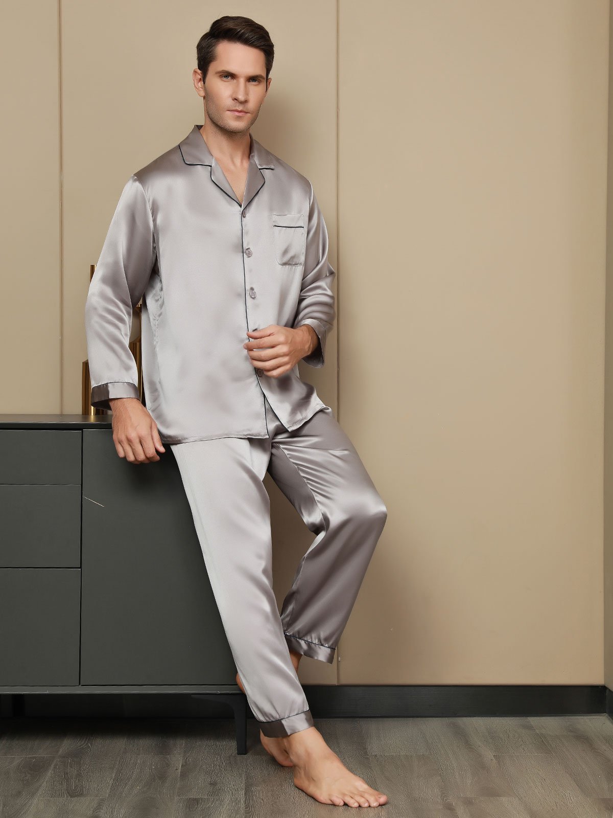 [Gray] SilkSilky-CA Pure Silk Long Sleeve Lapel Men's Pajamas 006
