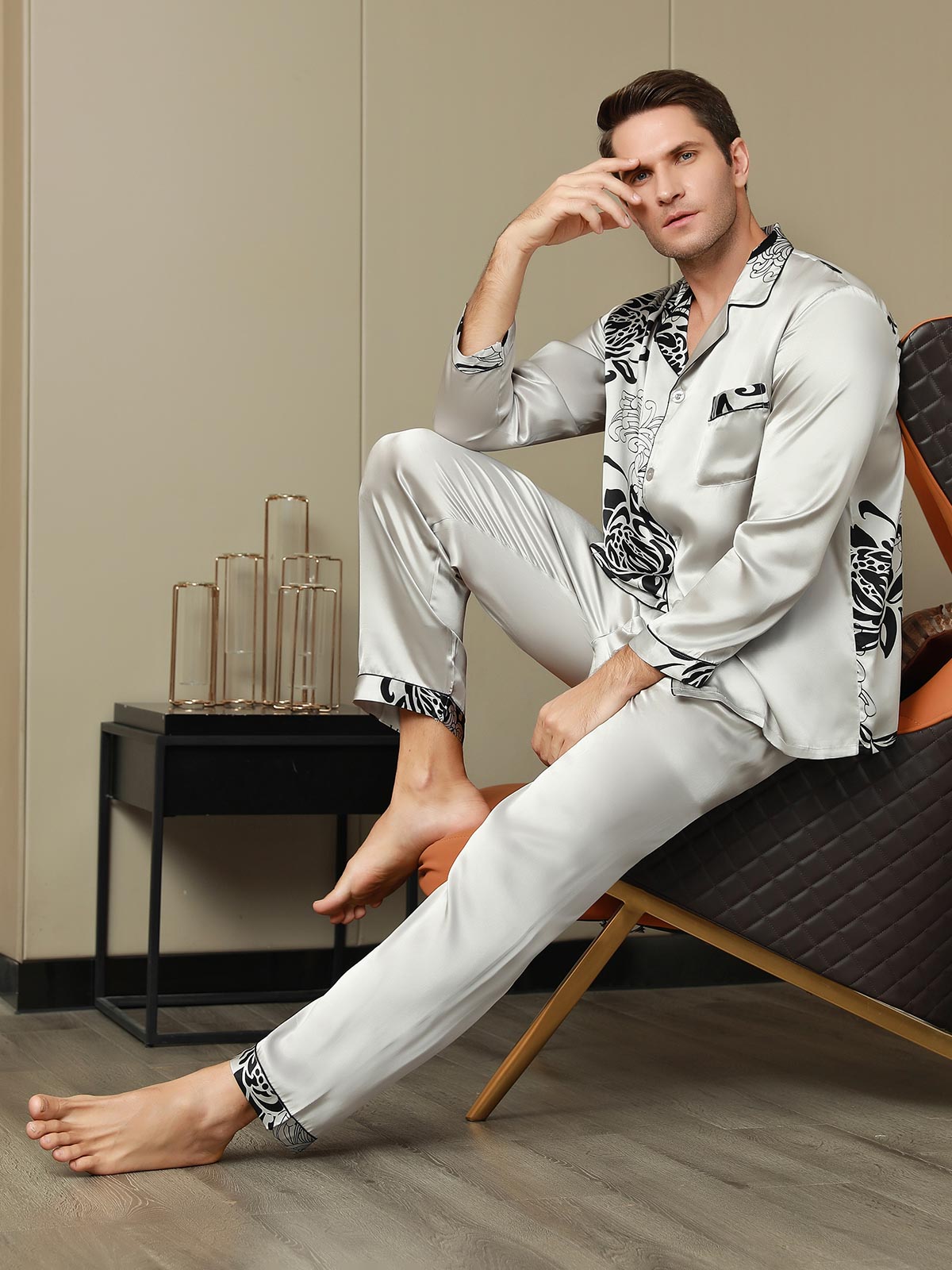 [Gray] SilkSilky-CA Pure Silk Mens Pajamas 007,