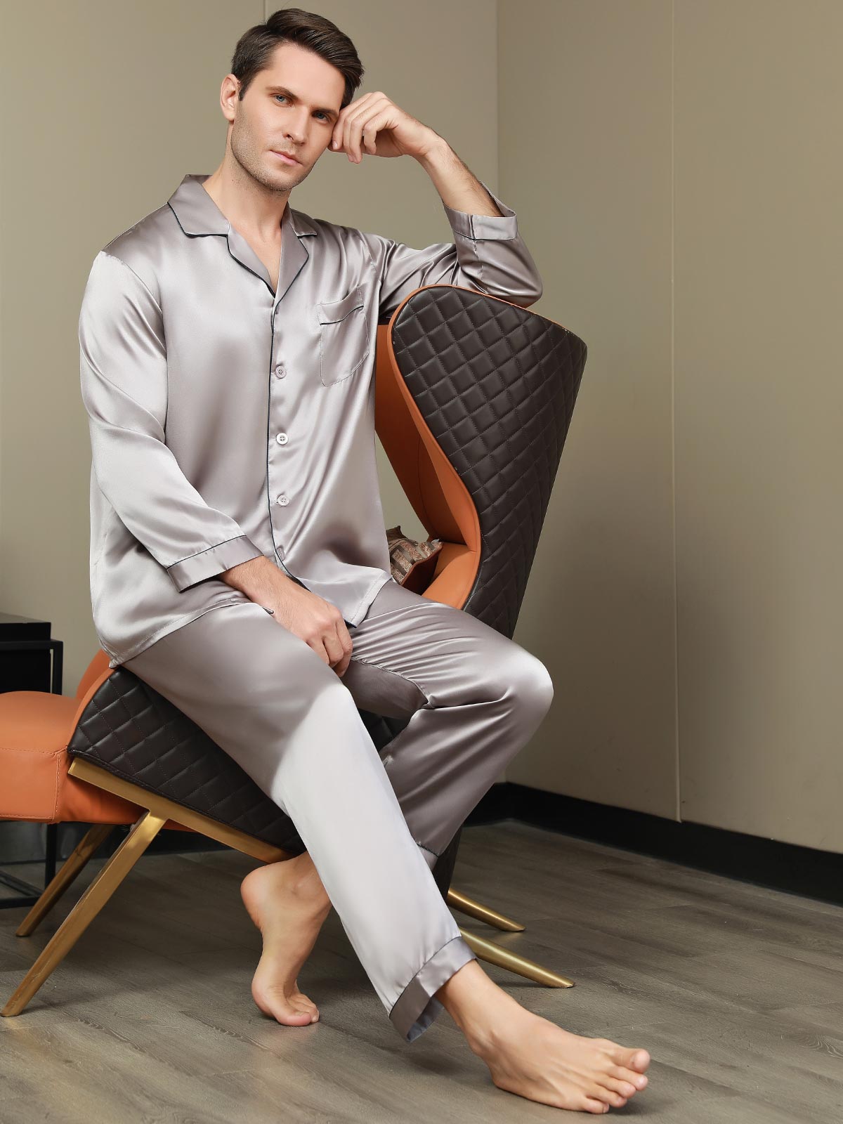 [Gray] SilkSilky-CA Pure Silk Long Sleeve Lapel Men's Pajamas 007