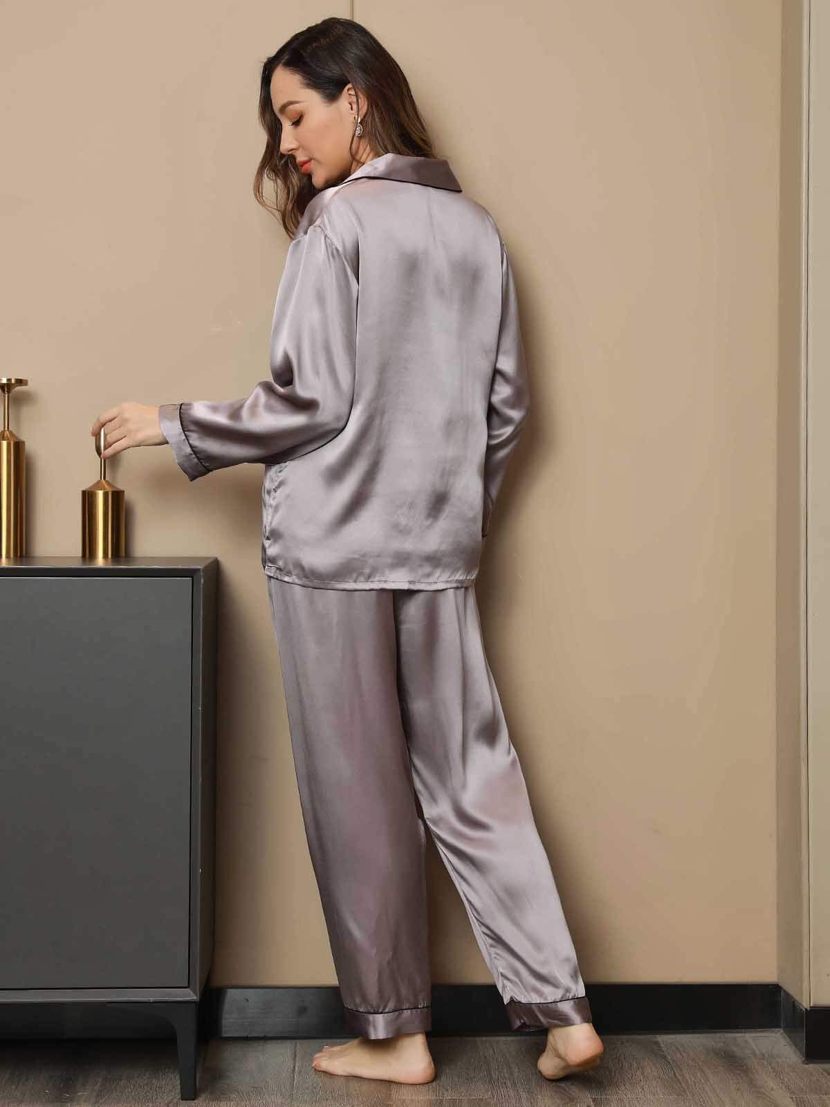 [Gray] SilkSilky-CA Pure Silk Long Sleeve Lapel Women's Pajamas 002