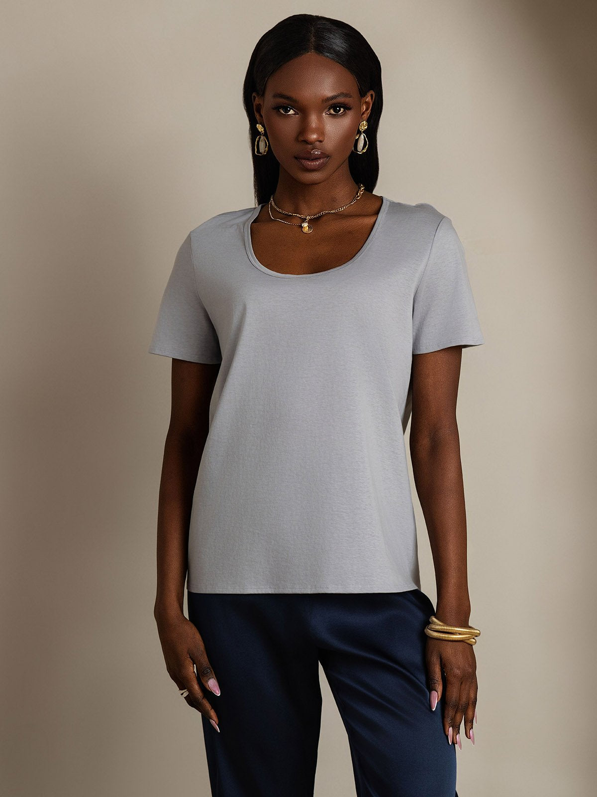 [Gray] SilkSilky-CA Silk Short Sleeve U Neck Women's T-Shirt 001