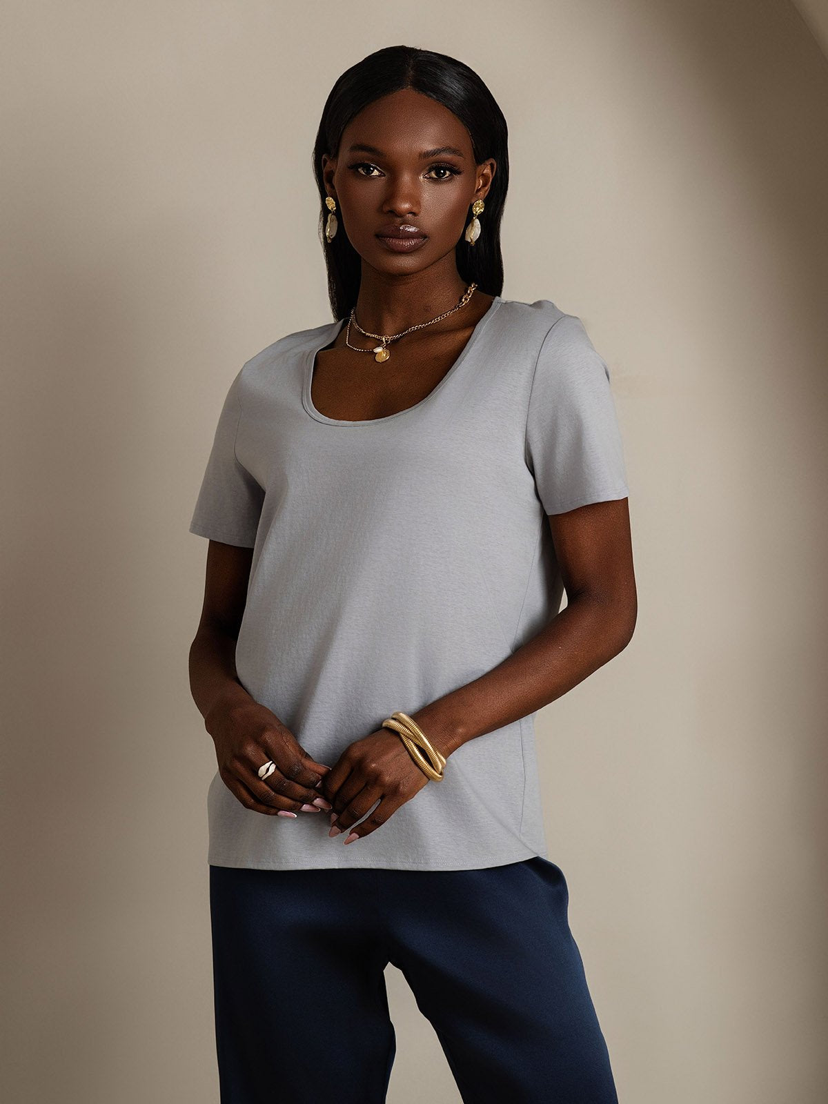[Gray] SilkSilky-CA Silk Short Sleeve U Neck Women's T-Shirt 003