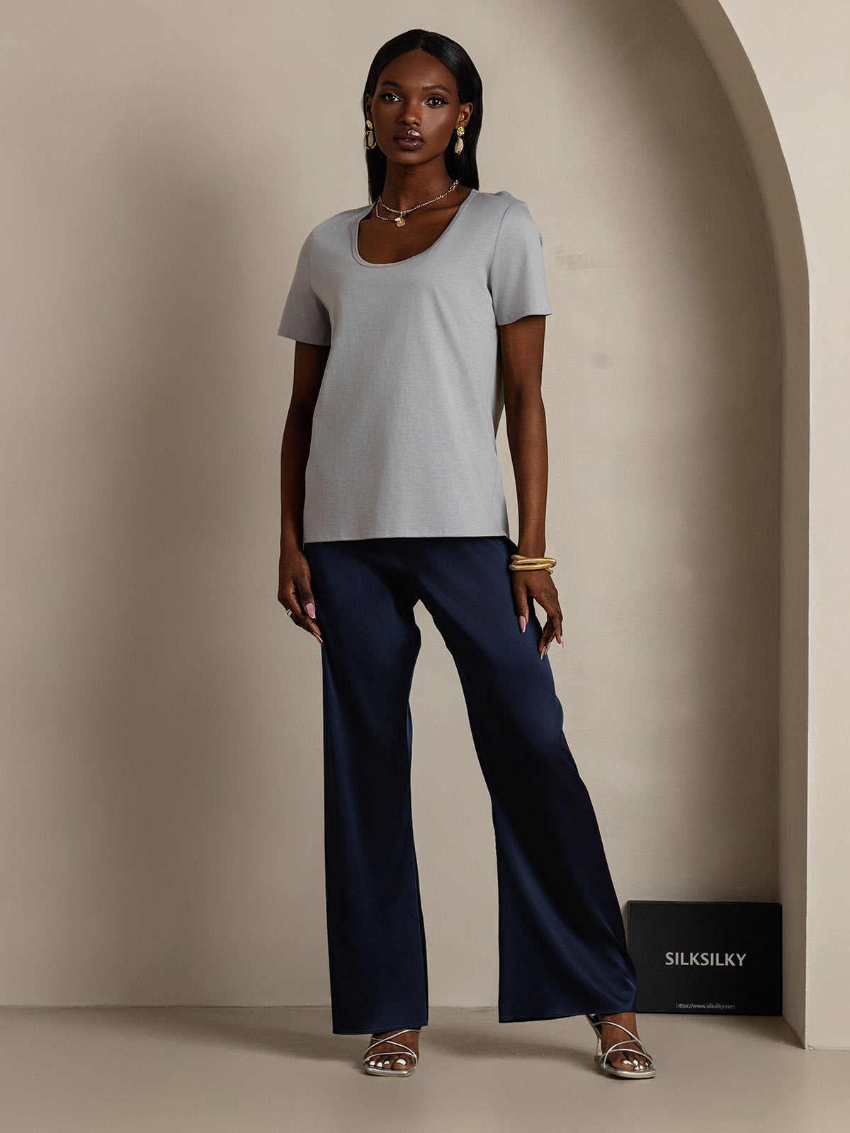 [Gray] SilkSilky-CA Silk Short Sleeve U Neck Women's T-Shirt 006