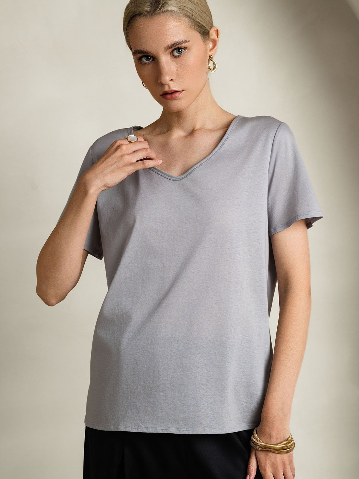 [Gray] SilkSilky-CA Silk Short Sleeve V Neck Women's T-Shirt 003