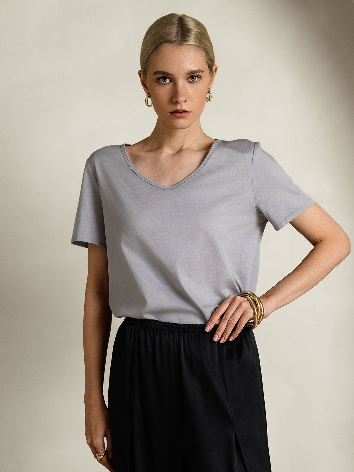 [Gray] SilkSilky-CA Silk Short Sleeve V Neck Women's T-Shirt 005