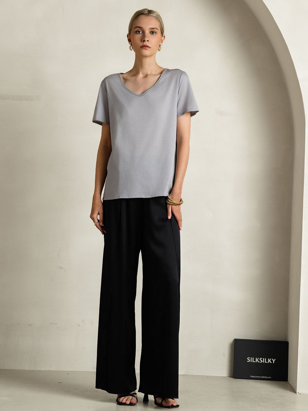[Gray] SilkSilky-CA Silk Short Sleeve V Neck Women's T-Shirt 006