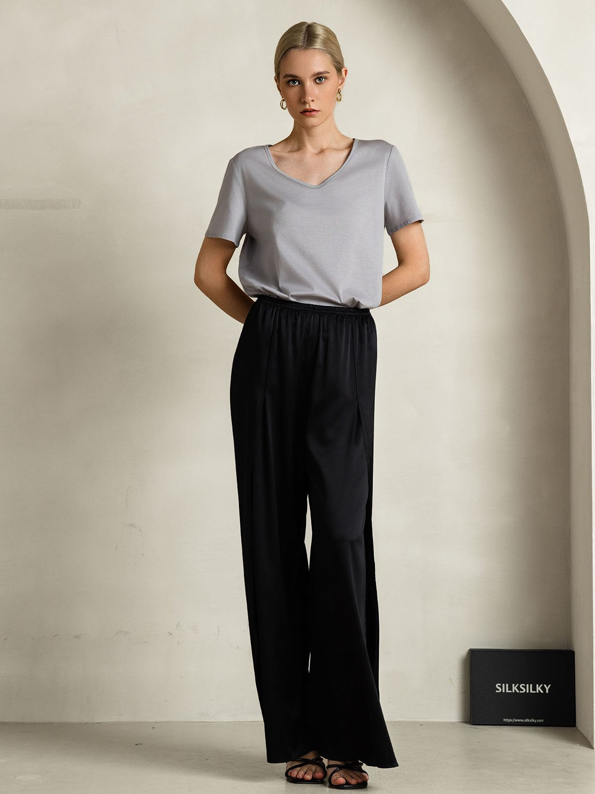 [Gray] SilkSilky-CA Silk Short Sleeve V Neck Women's T-Shirt 007