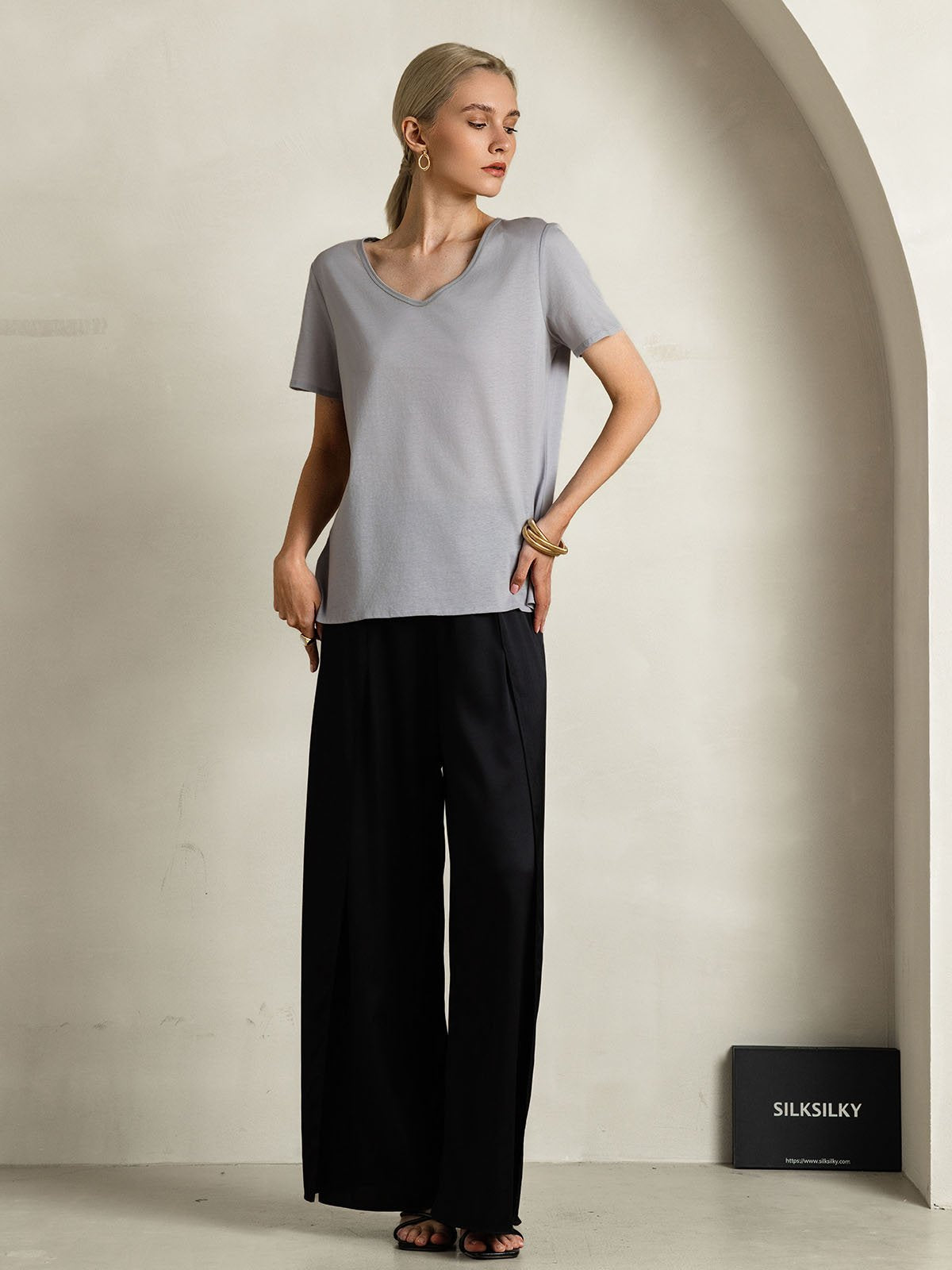 [Gray] SilkSilky-CA Silk Short Sleeve V Neck Women's T-Shirt 008