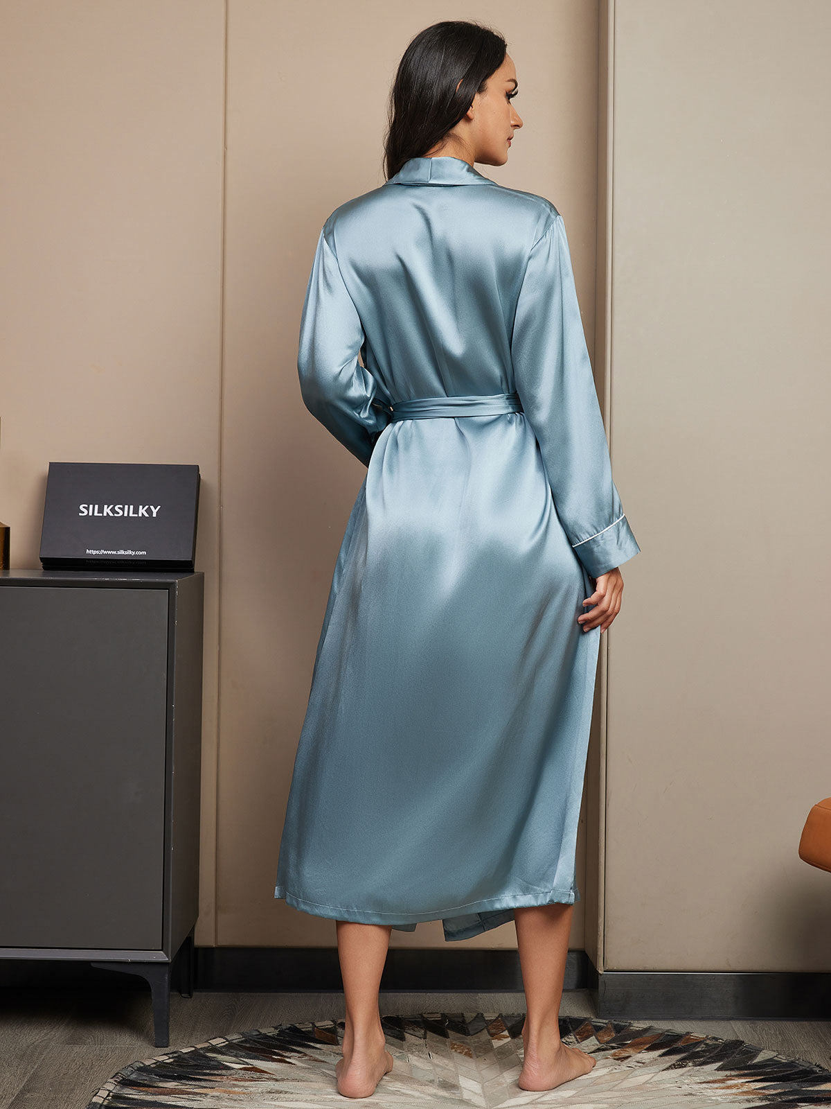 [Grayish Blue] SilkSilky-CA 19Momme Pure Silk Long Sleeve Womens Robe 002