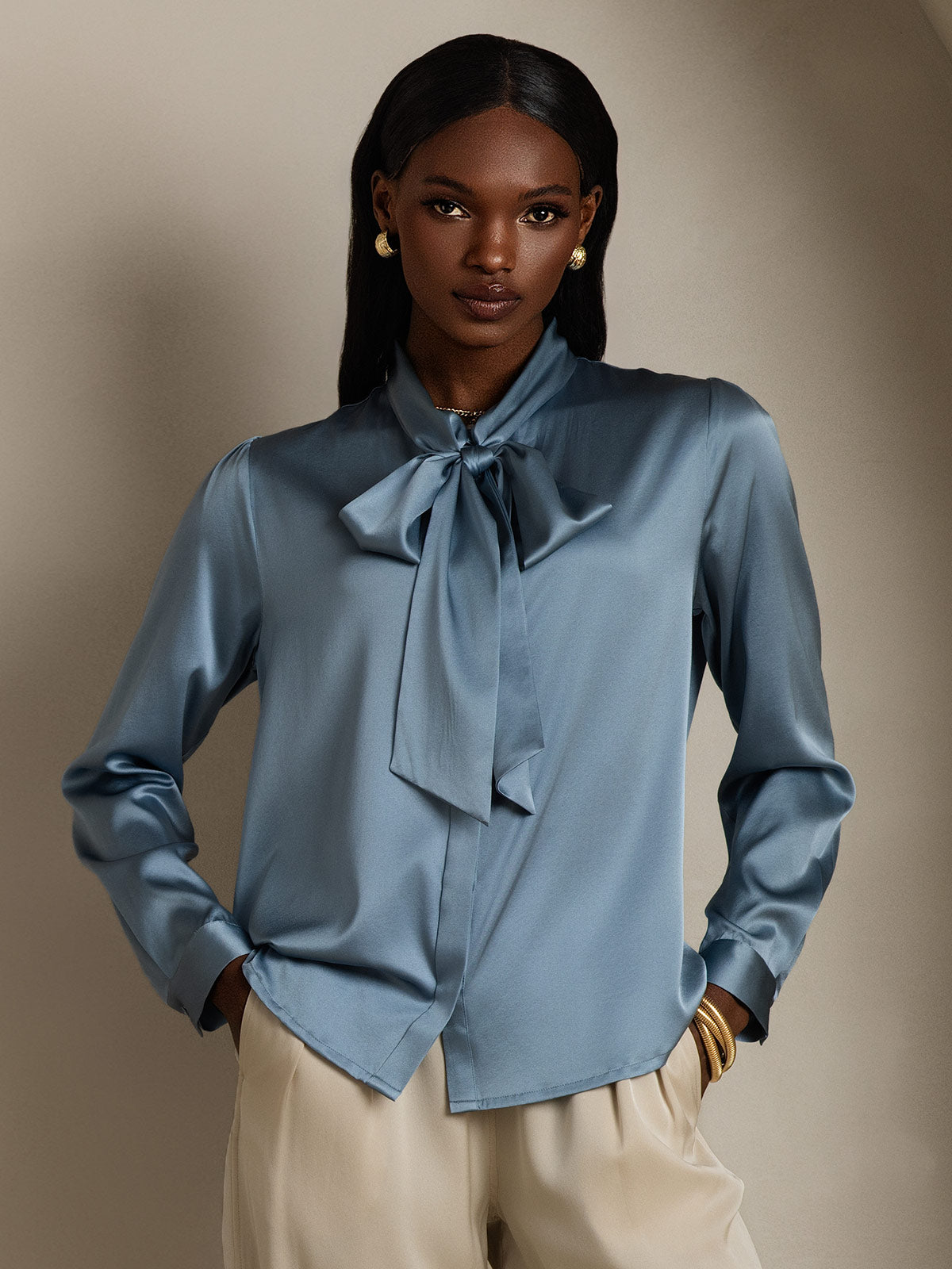 [Grayish Blue] SilkSilky-CA 19Momme Silk Long Sleeve Tie Neck Women's Shirt 001
