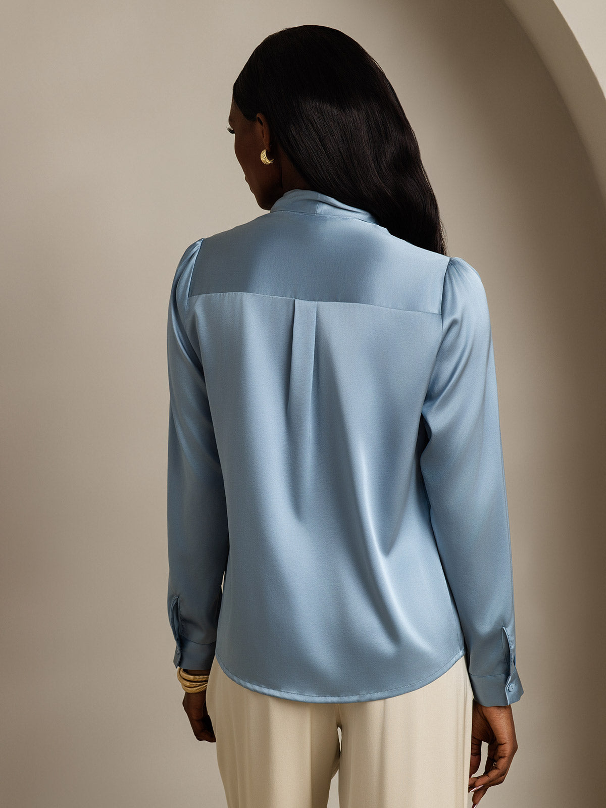 [Grayish Blue] SilkSilky-CA 19Momme Silk Long Sleeve Tie Neck Women's Shirt 002