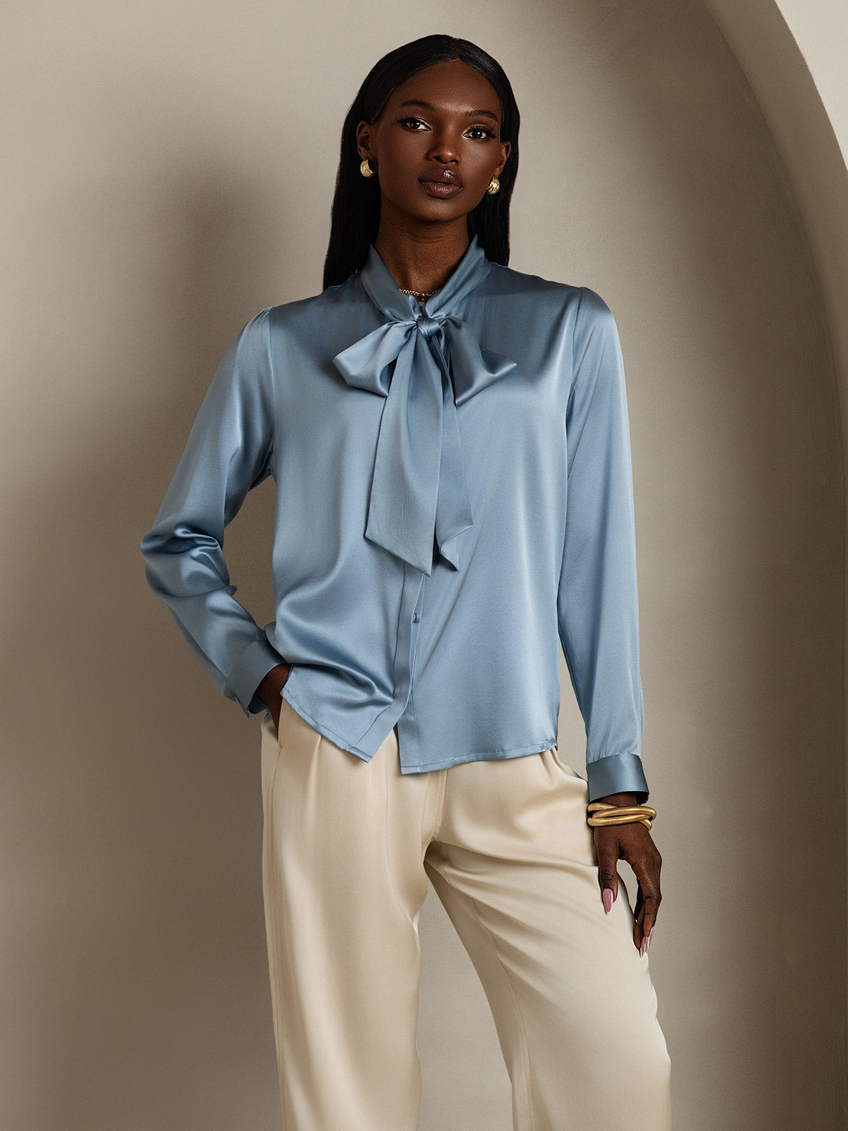 [Grayish Blue] SilkSilky-CA 19Momme Silk Long Sleeve Tie Neck Women's Shirt 005