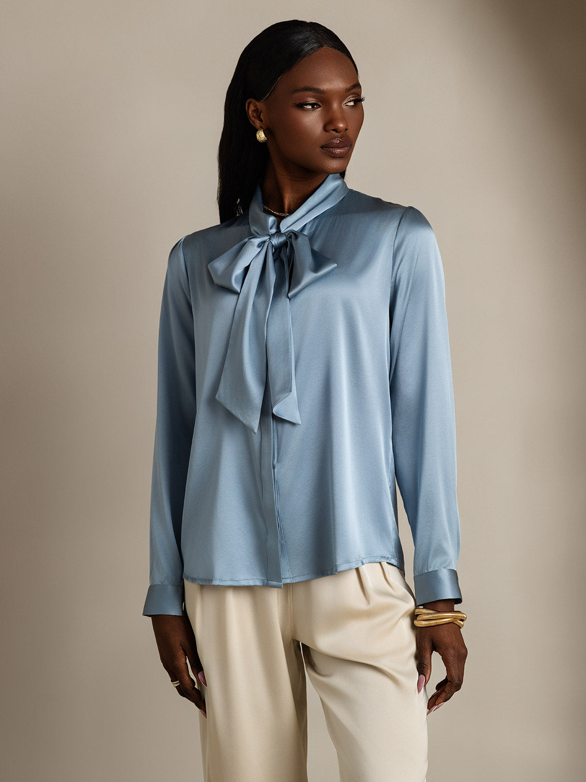 [Grayish Blue] SilkSilky-CA 19Momme Silk Long Sleeve Tie Neck Women's Shirt 006
