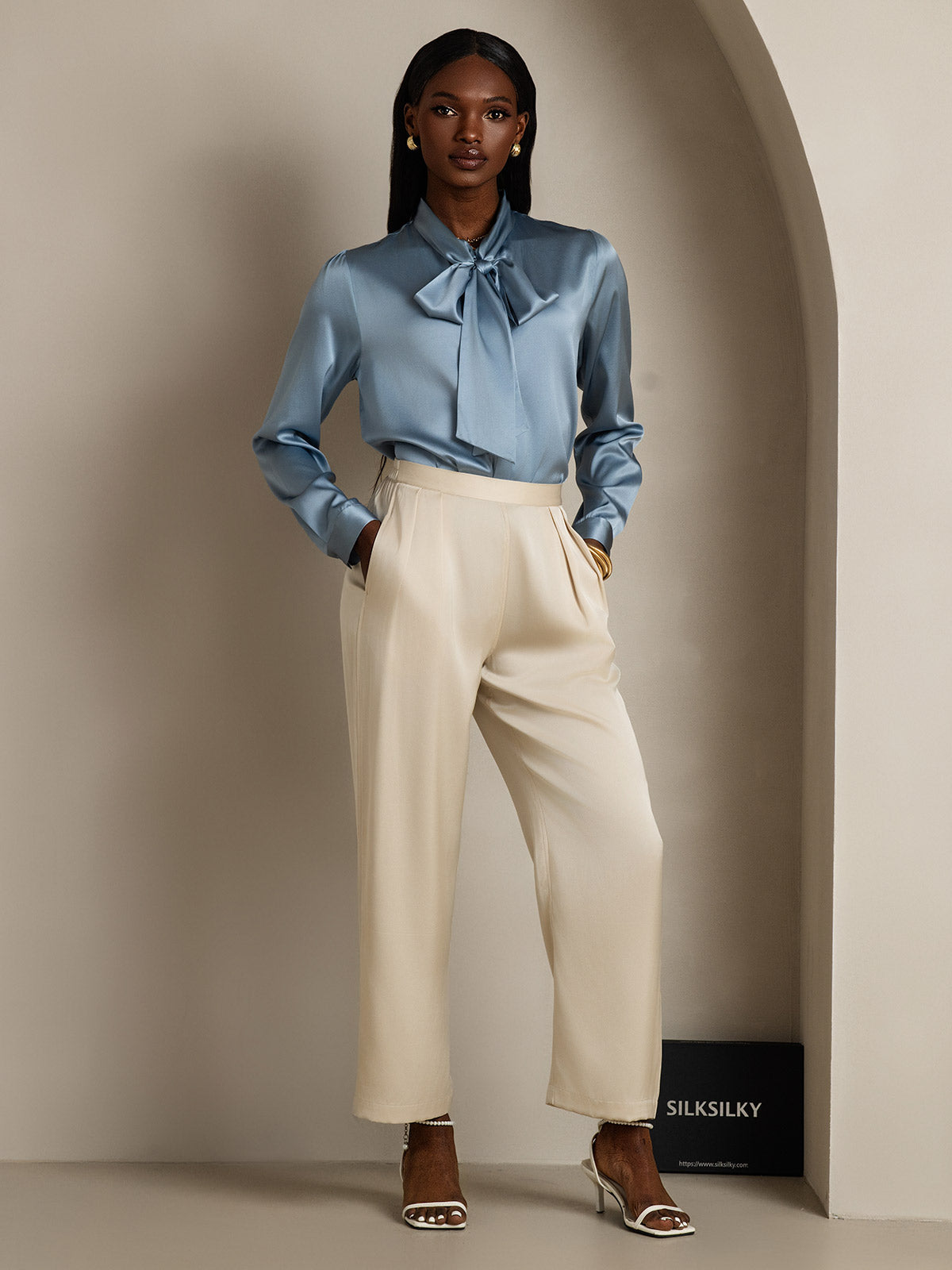 [Grayish Blue] SilkSilky-CA 19Momme Silk Long Sleeve Tie Neck Women's Shirt 007