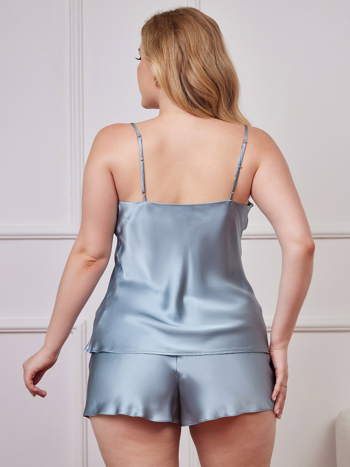 [Grayish Blue] SilkSilky-CA Pure Silk Deep V Neck Plus Size Camisole Set 002