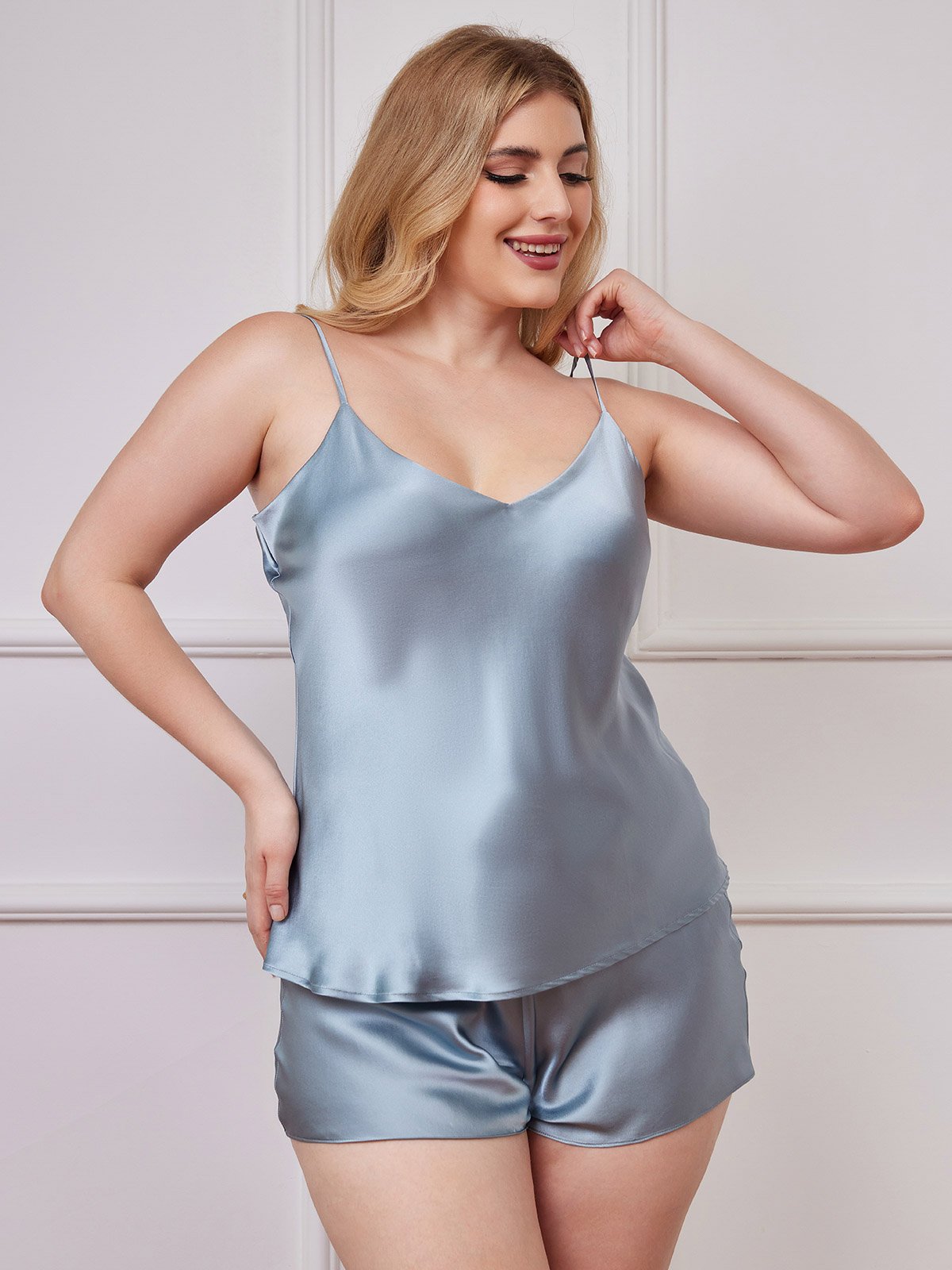 [Grayish Blue] SilkSilky-CA Pure Silk Deep V Neck Plus Size Camisole Set 005