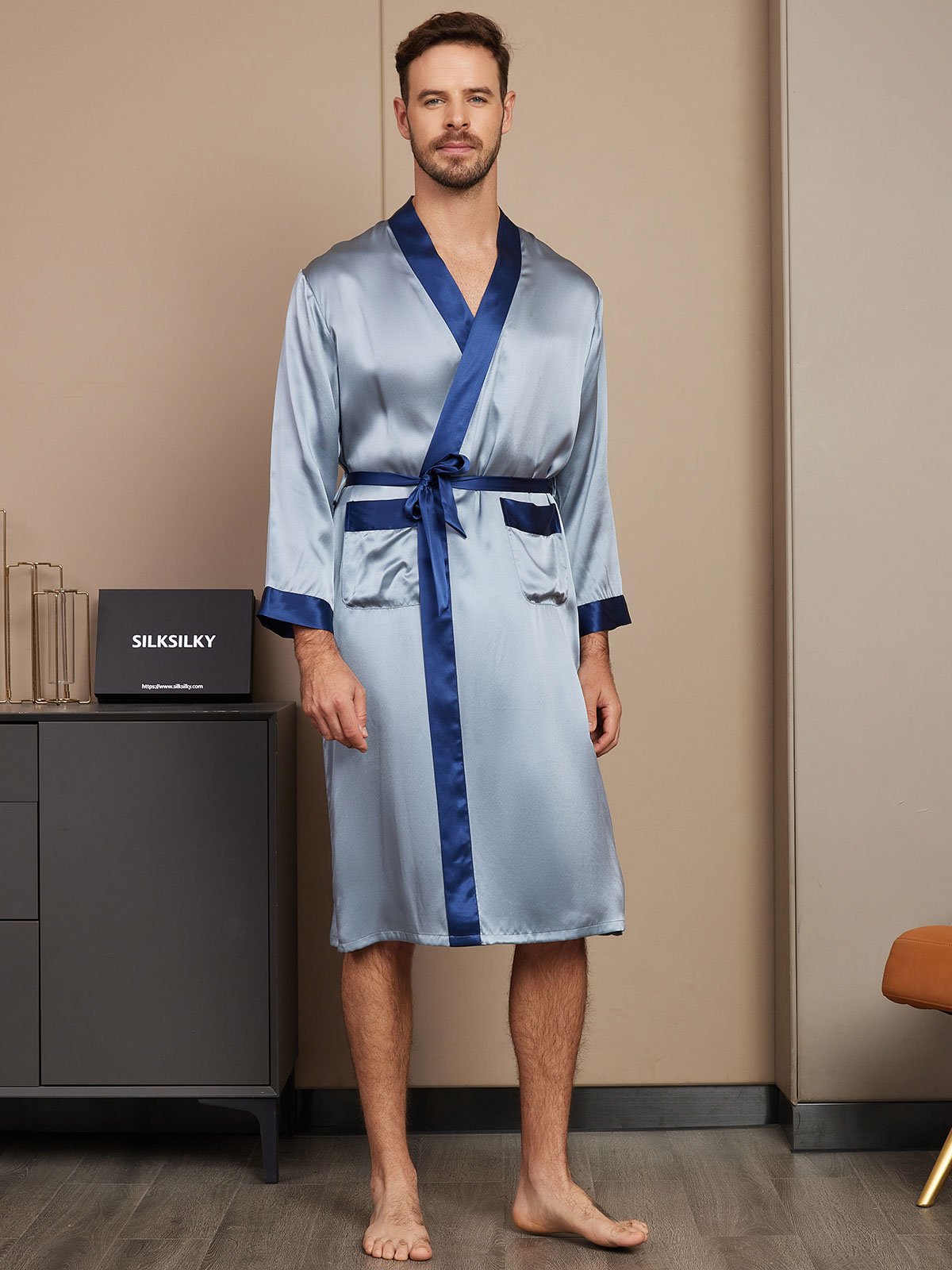 [Grayish Blue] SilkSilky-CA Pure Silk Long Sleeve Mens Robe 001