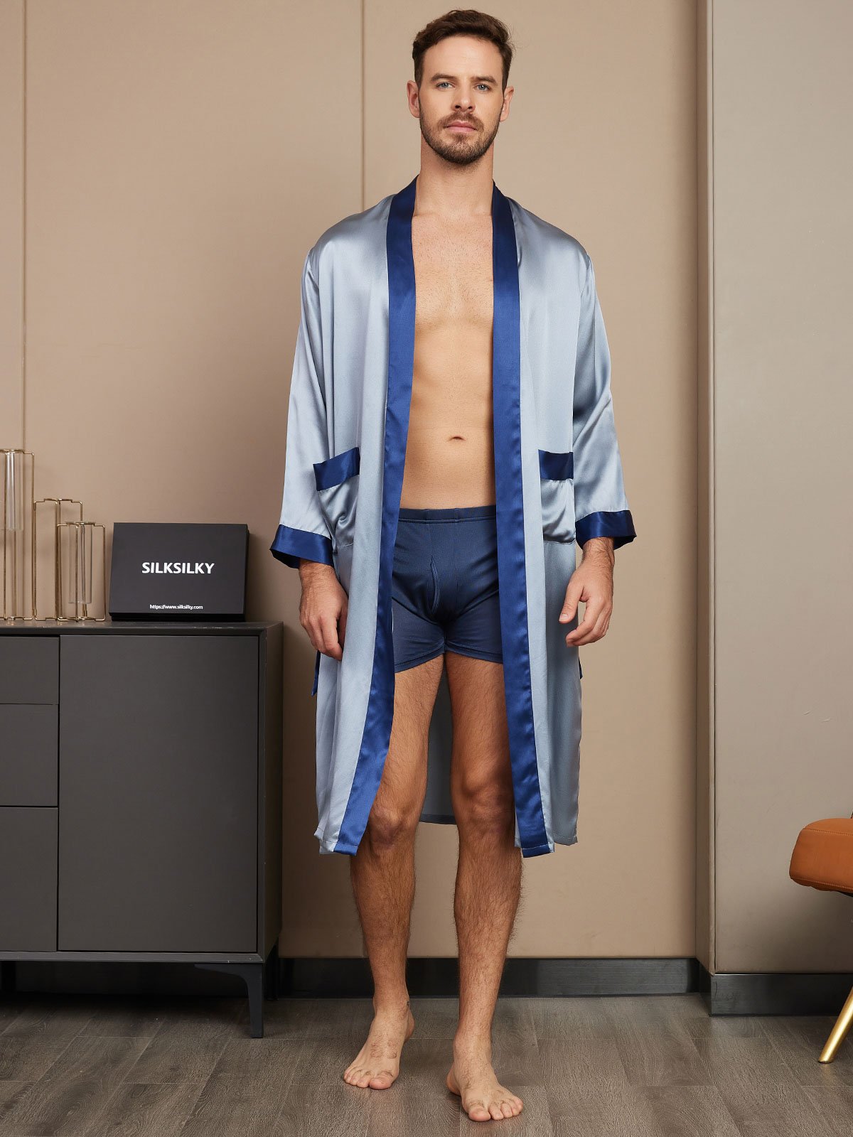 [Grayish Blue] SilkSilky-CA Pure Silk Long Sleeve Mens Robe 003