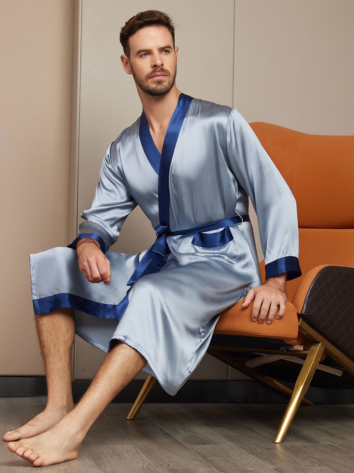 [Grayish Blue] SilkSilky-CA Pure Silk Long Sleeve Mens Robe 004